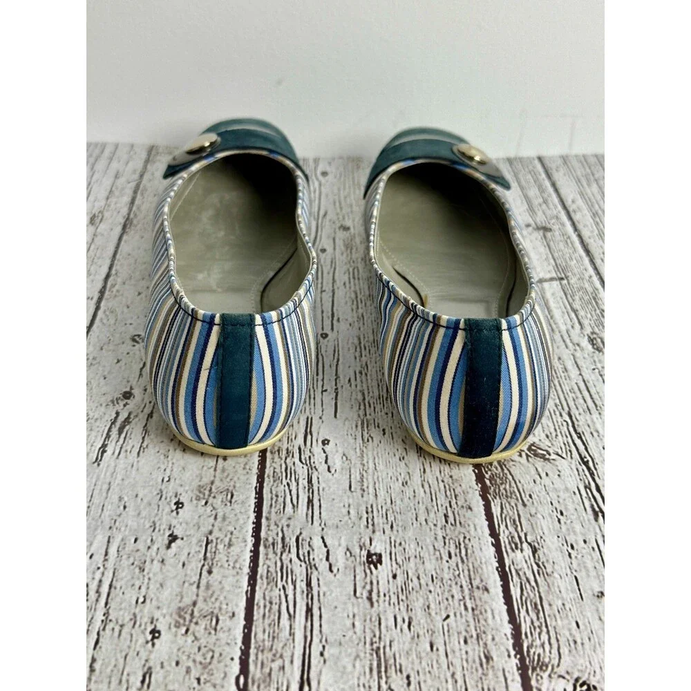 Hogan Women’s Ballet Flats, Size 8,‎ Navy Blue Striped, Silver Hardware, Preppy
